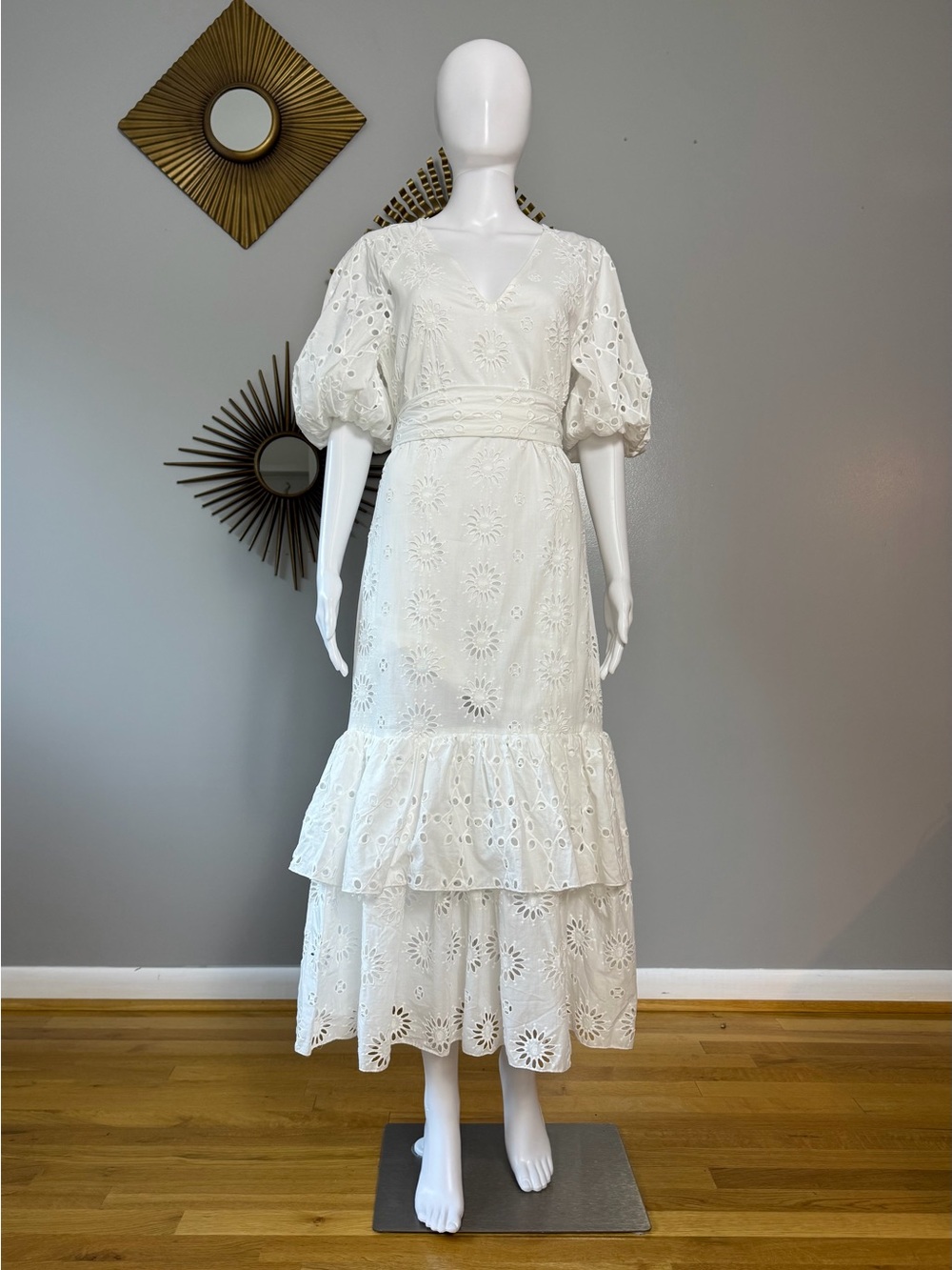 Zara White Eyelet Maxi Dress with Puff Sleeves